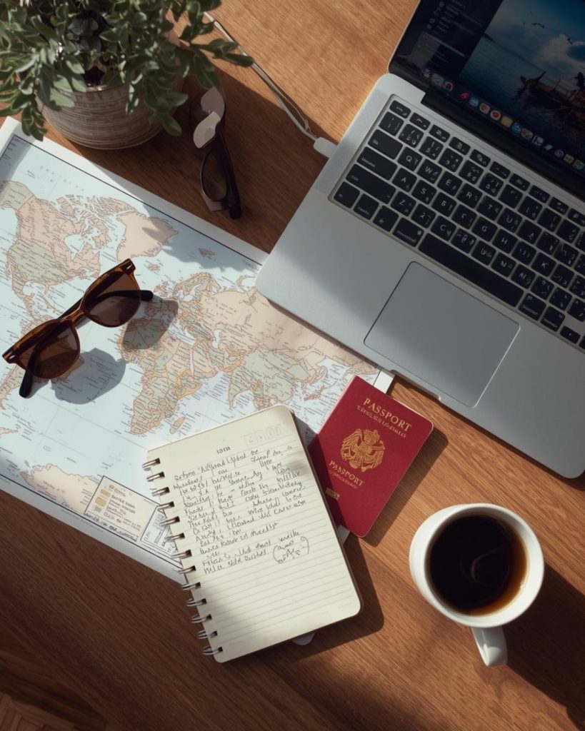 Travel planning desk with passport, map, notebook and coffee while organising a holiday itinerary.