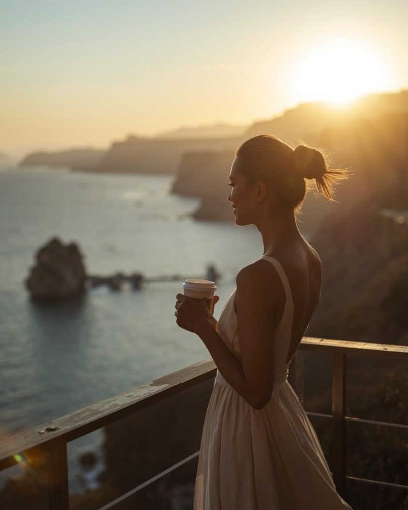 Traveller enjoying sunrise view from a luxury balcony overlooking the ocean during a relaxing holiday.