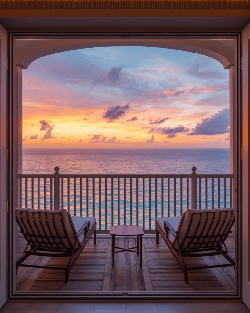 Luxury resort balcony overlooking the ocean, inspiring stress-free holiday travel planning