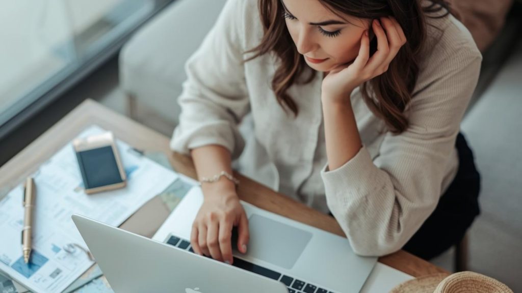 Traveller comparing flights and hotels online while planning a holiday