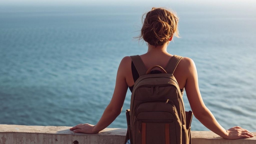 Traveller enjoying a peaceful moment overlooking the ocean, relaxed posture, soft sunlight, calm atmosphere, editorial travel photography, no crowd