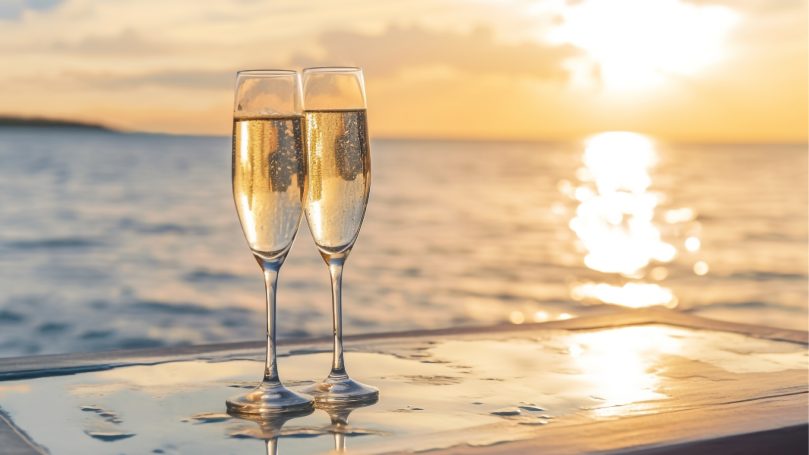 Milestone Journeys Two champagne flutes on a table, shimmering in sunset light over calm water.